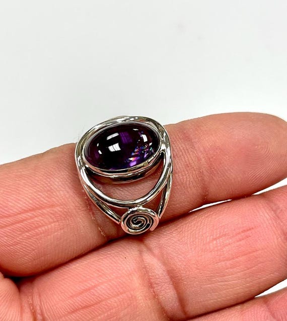 Anello In Argento 925 Con Ametista Naturale - Design Bohemien, Pietra Grezza, Regolabile, Da Regalo