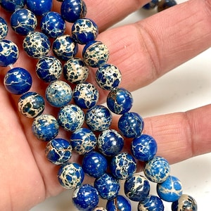 Blue Sea Sediment Jasper Beads 8mm Smooth Round Imperial Impression Stone Strand, Wholesale Beads For Jewelry Making