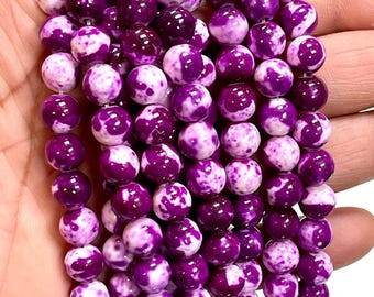 Cuentas redondas lisas de piedra de flor de lluvia morada y blanca, cuentas de jaspe de flor de lluvia de color morado y blanco, piedra de bricolaje de color primaveral para joyería