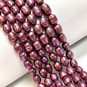 Natural Pearl Strand, Burgundy Color Rice Oval Shape Pearls 10x7mm, Full 16&quot; Long Strands Loose Beads for Jewelry Making Supplies