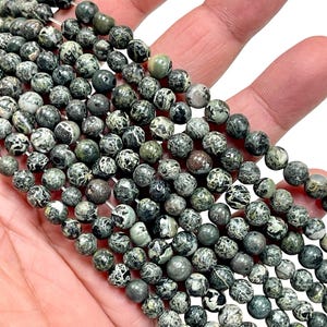 Kambaba Jasper Beads 6mm Smooth Round, 15.5” Strand, Dark Green Natural Jasper Beads for Jewelry Making