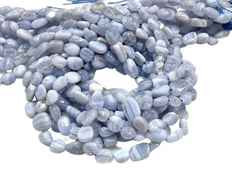 16" Long Blue lace Agate Natural Gemstone Smooth Freeform Nuggets Tumble Shape Handmade Beads Size 8-10mm Beads for Jewelry Making Crafts