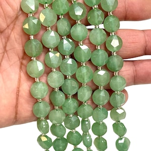 10mm Green Aventurine Natural Gemstone Faceted Coin Beads 15.5” Strand, Natural Gemstone Beads, Green Aventurine Beads for Jewelry Making