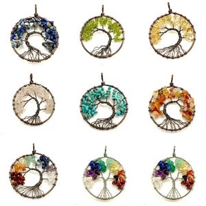 Tree of Life Pendant, CHAKRA Crystal Pendant - Copper Circle - Tree of Life Chakra Necklace, Wire Wrapped Jewelry Multi Color Gemstones