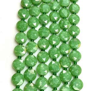 Opaque Green Quartz Gemstone Beads 10mm Faceted Coin Shape Strand 15” Long Polished Beads for Jewelry Making Necklace Bracelet
