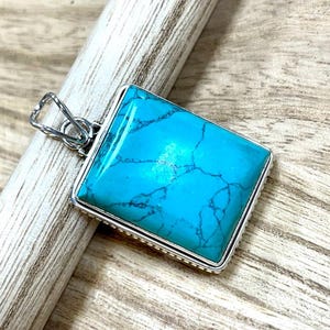 Blue Turquoise Pendant - .925 Sterling Silver and Blue Turquoise Natural Gemstone Pendant -  Smooth Square Turquoise Pendant Necklace