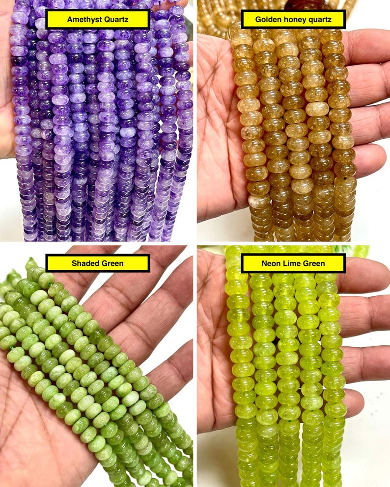 Op de afbeelding: Vier strengen met ronde, schijfvormige kralen in verschillende kleuren. De streng linksboven is gelabeld als Amethyst Quartz in paars, rechtsboven als Golden honey quartz in amber, linksonder als Shaded Green en rechtsonder als Neon Lime Green.