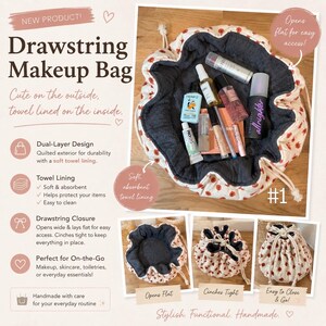 May include: A drawstring makeup bag with a cream exterior featuring a red floral pattern and a dark gray towel-lined interior. The bag opens flat to reveal various cosmetic bottles and tubes, and it can be cinched tight with white cords.