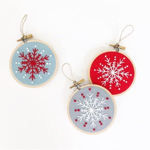 Embroidered Ornament SET OF 3 - Snowflake Ornament - Christmas Ornament - Embroidery Hoop Art - Hand Embroidery -Modern Embroidery-Christmas