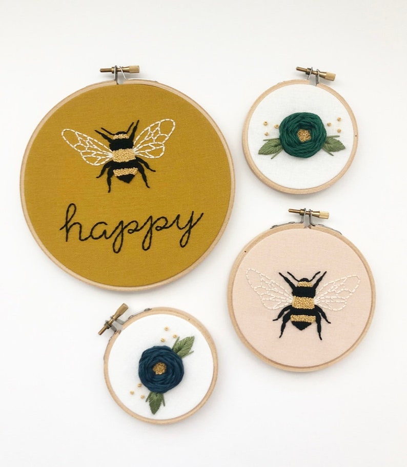 Bee Embroidery Art Hand Embroidery Bee Happy Modern Embroidery Embroidery Hoop Art