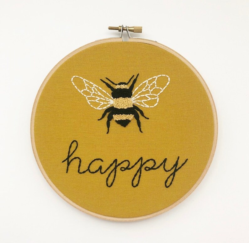 Bee Embroidery Art Hand Embroidery Bee Happy Modern Embroidery Embroidery Hoop Art