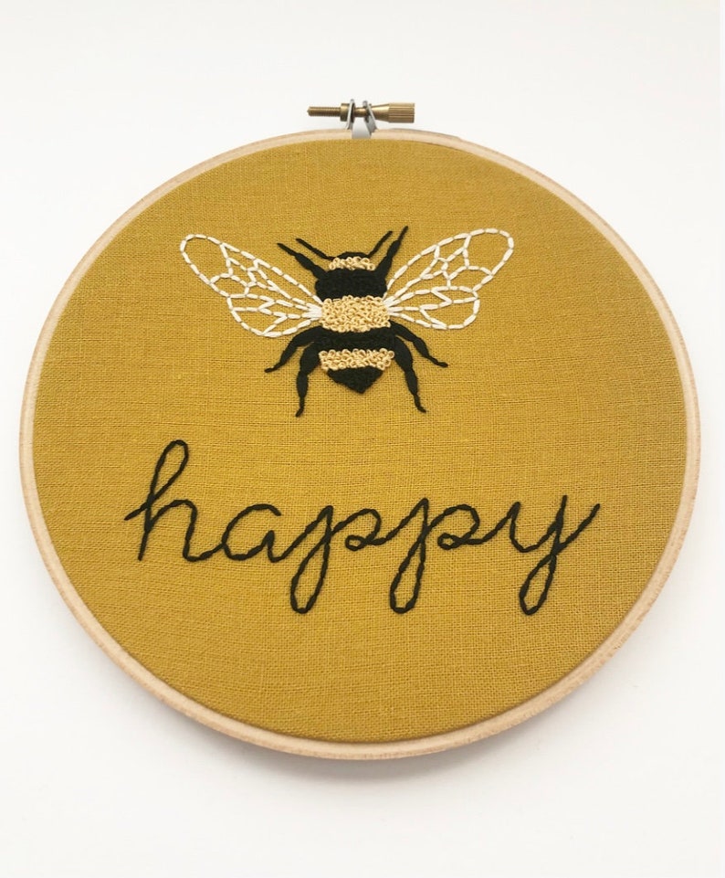 Bee Embroidery Art Hand Embroidery Bee Happy Modern Embroidery Embroidery Hoop Art