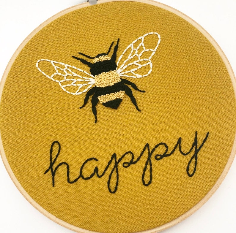Bee Embroidery Art Hand Embroidery Bee Happy Modern Embroidery Embroidery Hoop Art