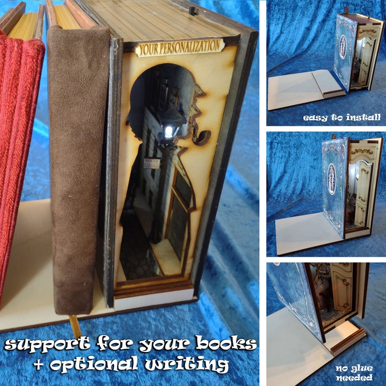 Pode incluir: Um suporte de livros de madeira com um design recortado de uma pessoa em p&eacute; numa porta. O suporte de livros &eacute; castanho e tem o texto "YOUR PERSONALIZATION" na frente. O suporte de livros &eacute; projetado para manter os livros na posi&ccedil;&atilde;o vertical e tem um suporte para os livros. O suporte de livros &eacute; f&aacute;cil de instalar e n&atilde;o requer cola.