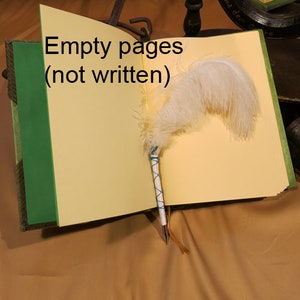 May include: A green leather-bound journal with blank pages and a white feather quill pen. The text "Empty pages (not written)" is visible on the cover.