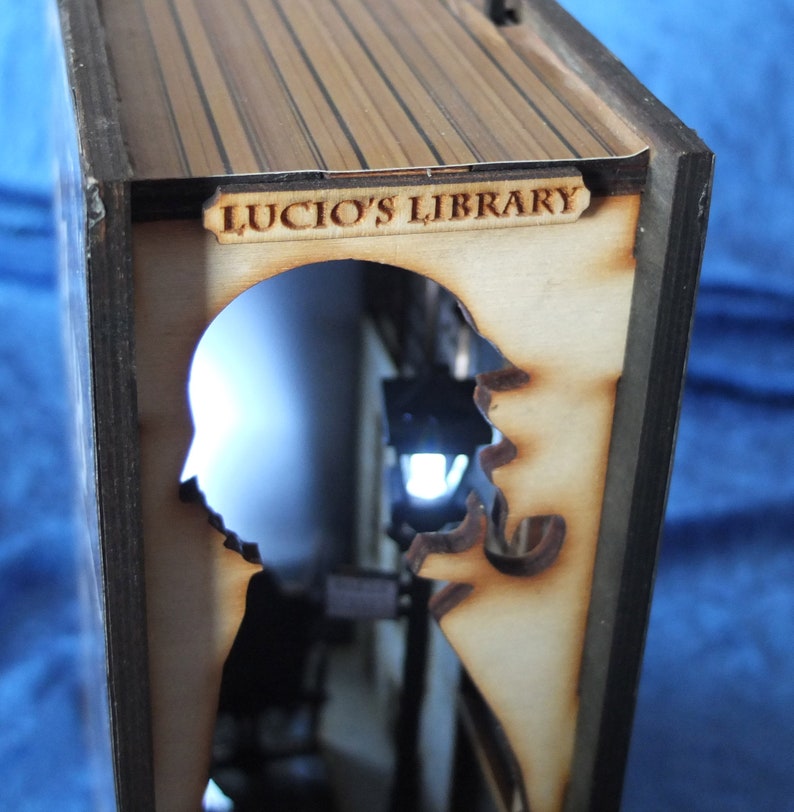 Pode incluir: Uma caixa de madeira em forma de livro com um recorte de duas silhuetas. A caixa tem uma placa que diz "Lucio's Library".