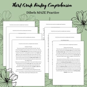 Könnte beinhalten: Ein Stapel Arbeitsblätter für das Leseverständnis der dritten Klasse, mit dem Titel "Third Grade Reading Comprehension" und "Dibels MAZE Practice". Die Arbeitsblätter enthalten Lesetexte mit Lückentextaufgaben, die für den Unterricht bestimmt sind.