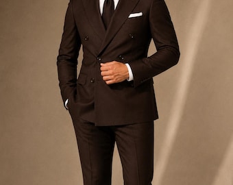 Dark Brown Double Breasted Suit for Men, Custom Made Suit, Old Money Style, Wedding Guest Suit, Business Formal Suit, Peak Lapel Blazer