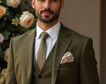 Men’s Olive Green 3 Piece Suit | Italian Slim Fit | Custom Made to Measure | Bespoke Wedding Suit for Groom & Groomsmen|Sharp and TailorMade