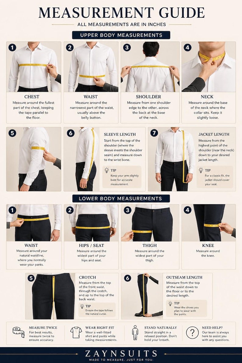 Puede incluir: Una gu&iacute;a de medidas titulada MEASUREMENT GUIDE con secciones para medidas de la parte superior e inferior del cuerpo. Incluye diagramas numerados que muestran c&oacute;mo medir el pecho, la cintura, los hombros, el cuello, las mangas, la chaqueta, las caderas, el muslo, la rodilla y la entrepierna.