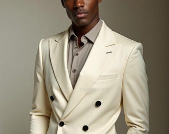 Ivory Double Breasted Groom Suit | Handmade Custom Wedding Suit for Men | Elegant 2 Piece Formal Outfit | Tailored Fit| Bespoke for Big Day