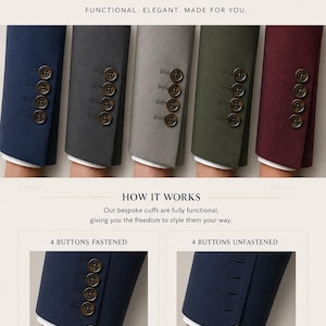 Puede incluir: Cinco mangas de traje en azul marino, carb&oacute;n, gris, oliva y burdeos, cada una con cuatro botones marr&oacute;n oscuro. El texto dice TRUE BESPOKE CUFFS, FUNCTIONAL. ELEGANT. MADE FOR YOU. HOW IT WORKS, 4 BUTTONS FASTENED, 4 BUTTONS UNFASTENED.