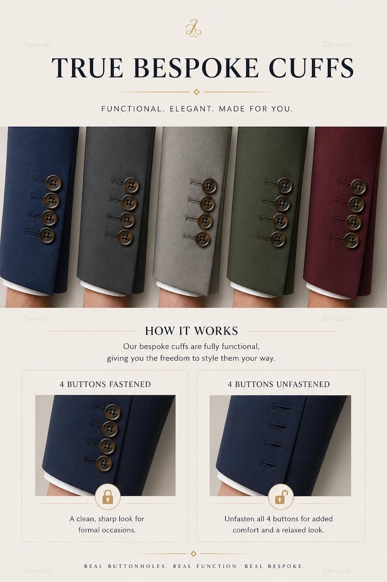 Puede incluir: Cinco mangas de traje en azul marino, carb&oacute;n, gris, oliva y burdeos, cada una con cuatro botones marr&oacute;n oscuro. El texto dice TRUE BESPOKE CUFFS, FUNCTIONAL. ELEGANT. MADE FOR YOU. HOW IT WORKS, 4 BUTTONS FASTENED, 4 BUTTONS UNFASTENED.