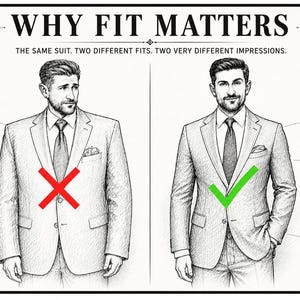 May include: A black and white infographic titled WHY FIT MATTERS, comparing two suit fits. The left side shows a baggy suit with a red X, while the right side shows a tailored suit with a green checkmark, detailing shoulder, chest, and waist fit.
