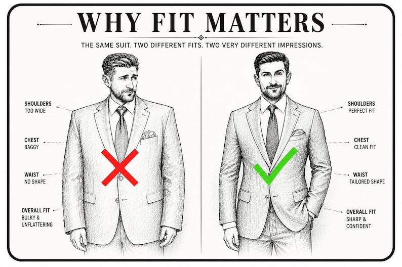 May include: A black and white infographic titled WHY FIT MATTERS, comparing two suit fits. The left side shows a baggy suit with a red X, while the right side shows a tailored suit with a green checkmark, detailing shoulder, chest, and waist fit.