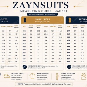 Puede incluir: Una tabla de gu&iacute;a de medidas para chaquetas ZAYNSUITS con tres columnas para tallas largas, peque&ntilde;as y regulares. La tabla enumera las medidas de pecho, largo, manga, hombro y cuello en pulgadas para las tallas 34 a 54. Incluye instrucciones.