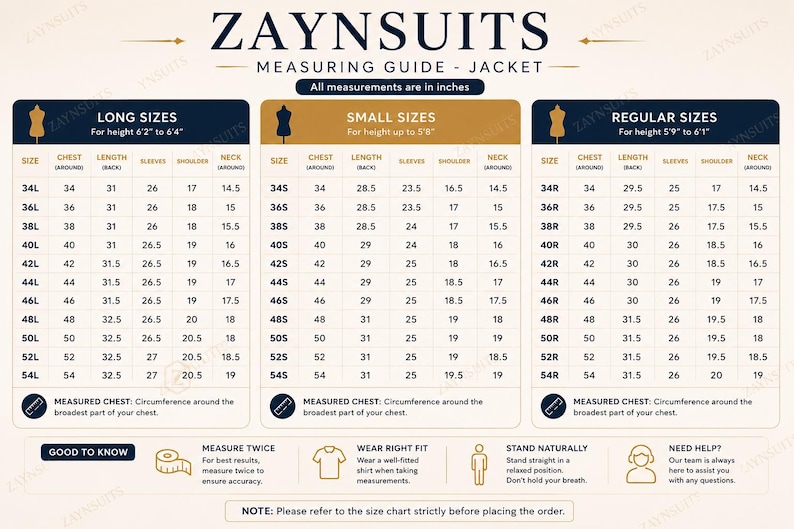 Puede incluir: Una tabla de gu&iacute;a de medidas para chaquetas ZAYNSUITS con tres columnas para tallas largas, peque&ntilde;as y regulares. La tabla enumera las medidas de pecho, largo, manga, hombro y cuello en pulgadas para las tallas 34 a 54. Incluye instrucciones.