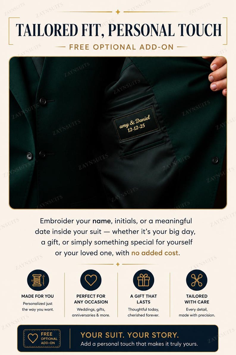 Puede incluir: Una chaqueta de traje verde oscuro con una etiqueta de bolsillo interior negra bordada con el texto blanco "amy & Daniel 12-12-25". La chaqueta tiene botones oscuros en la parte delantera y un acabado de tela suave, mostrando un servicio.