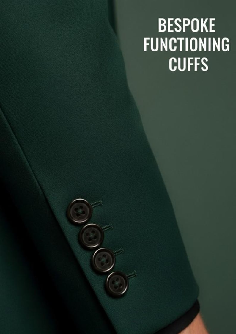 May include: A dark green blazer sleeve featuring four dark brown buttons arranged in a vertical row on the cuff. The text BESPOKE FUNCTIONING CUFFS is printed in white capital letters in the upper right corner of the image.