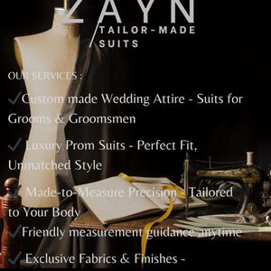 Puede incluir: Un maniqu&iacute; de sastre cubierto con tela oscura se encuentra junto a una m&aacute;quina de coser antigua y un libro abierto con una cinta m&eacute;trica amarilla. El texto dice ZAYN TAILOR-MADE SUITS y enumera servicios como trajes de boda y sastrer&iacute;a a medida.