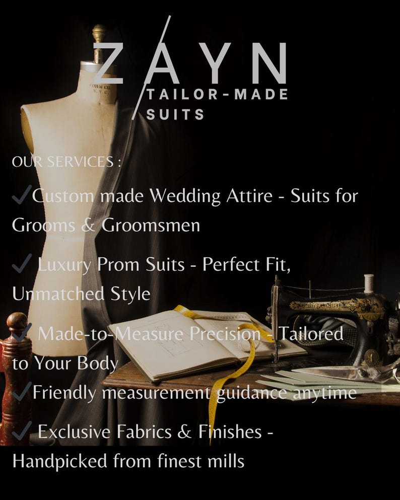 Puede incluir: Un maniqu&iacute; de sastre cubierto con tela oscura se encuentra junto a una m&aacute;quina de coser antigua y un libro abierto con una cinta m&eacute;trica amarilla. El texto dice ZAYN TAILOR-MADE SUITS y enumera servicios como trajes de boda y sastrer&iacute;a a medida.