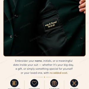 May include: A dark green suit jacket featuring a black interior pocket label embroidered with the white text "amy & Daniel 12-12-25". The jacket has dark buttons on the front and a smooth fabric finish, showcasing a personalised embroidery service.