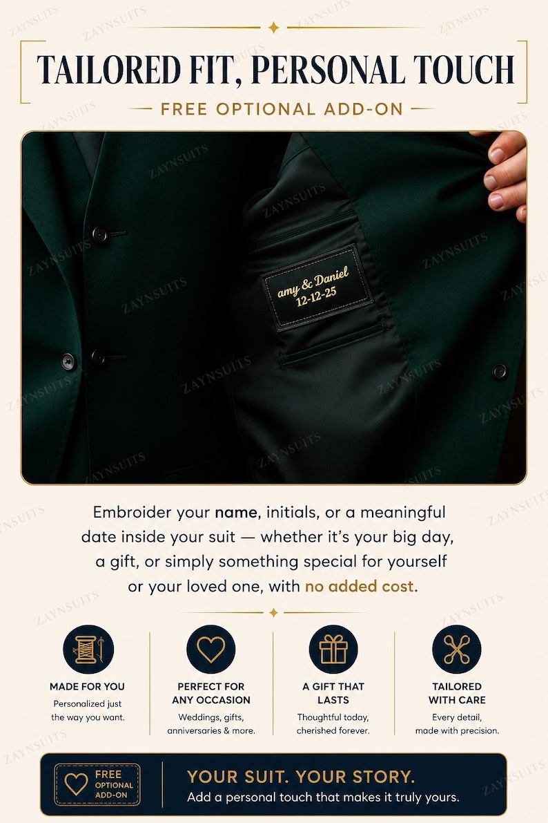 May include: A dark green suit jacket featuring a black interior pocket label embroidered with the white text "amy & Daniel 12-12-25". The jacket has dark buttons on the front and a smooth fabric finish, showcasing a personalised embroidery service.