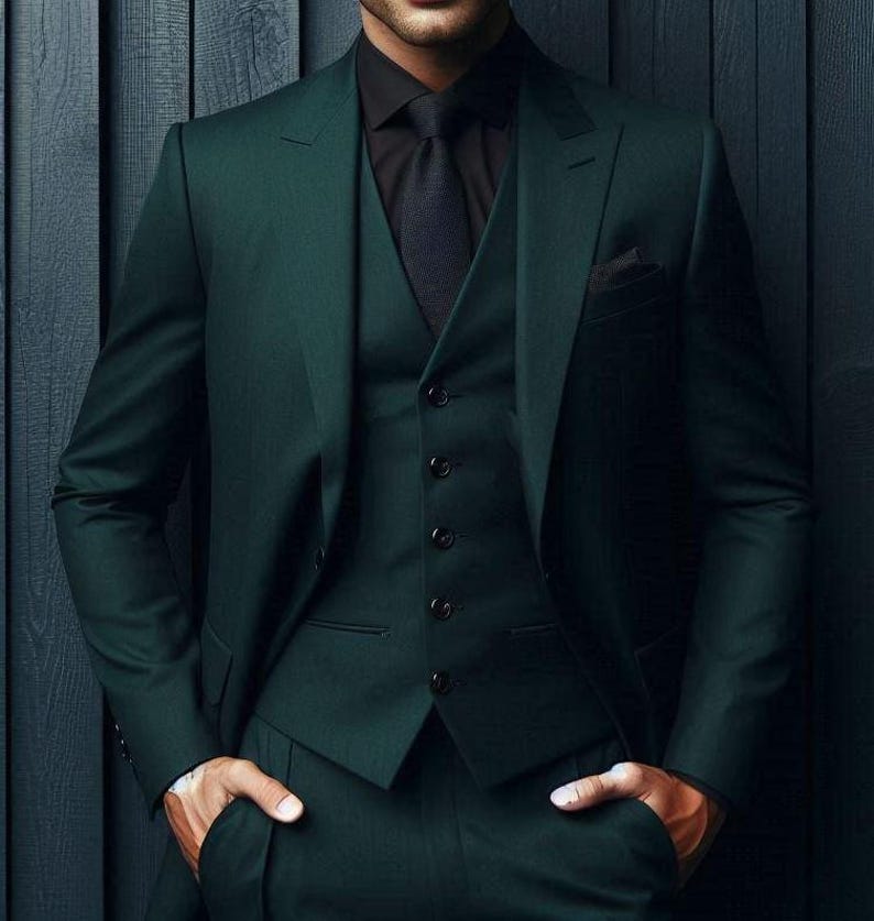Puede incluir: Un traje de tres piezas en color verde bosque oscuro que consta de una chaqueta entallada, un chaleco a juego de cinco botones y pantalones. El conjunto se lleva sobre una camisa negra lisa con una corbata negra a juego, de aspecto formal.