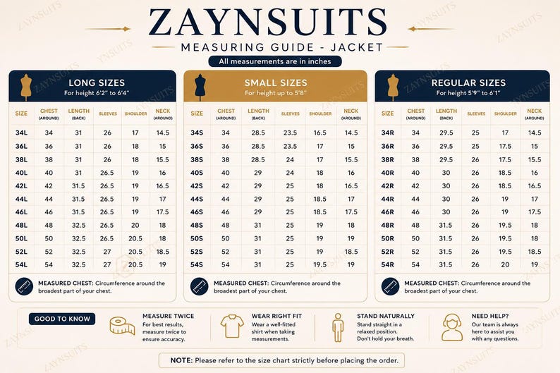 May include: A ZAYNSUITS jacket measuring guide chart with three columns for long, small, and regular sizes. The table lists chest, length, sleeve, shoulder, and neck measurements in inches for sizes 34 to 54. Includes instructions for measuring.