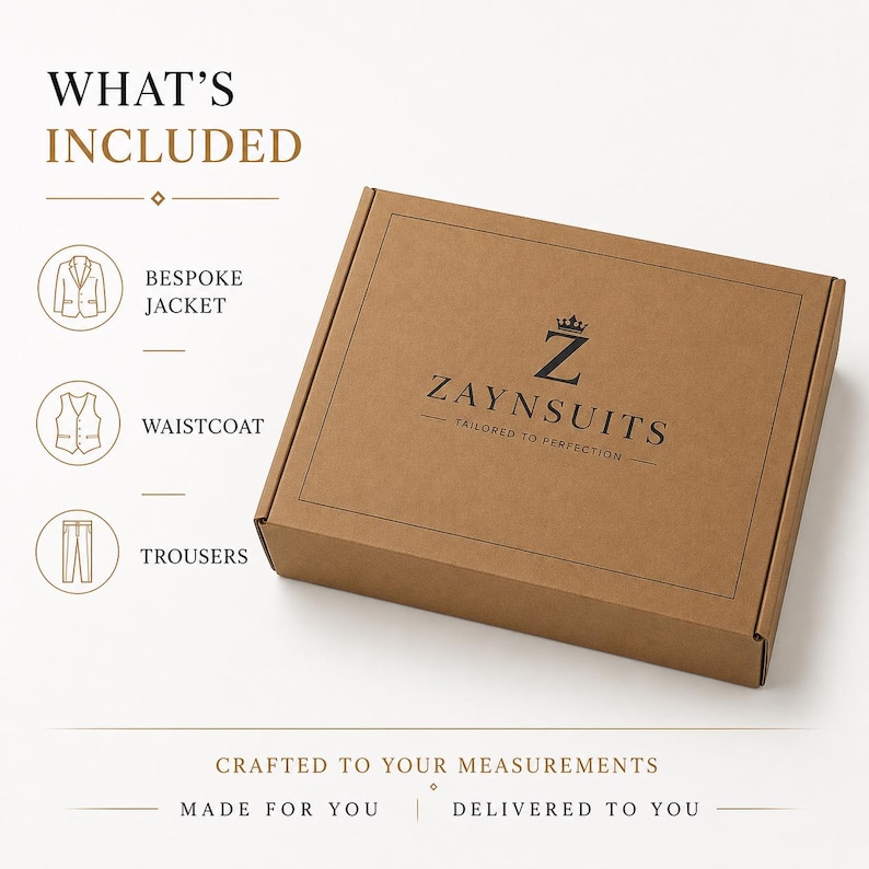 Puede incluir: Una caja de cart&oacute;n marr&oacute;n con el logotipo negro ZAYNSUITS TAILORED TO PERFECTION impreso en la parte superior. El texto enumera WHAT'S INCLUDED: BESPOKE JACKET, WAISTCOAT y TROUSERS con iconos. El texto inferior dice CRAFTED TO YOUR MEASUREMENTS MADE FOR YOU DELIVERED TO YOU.