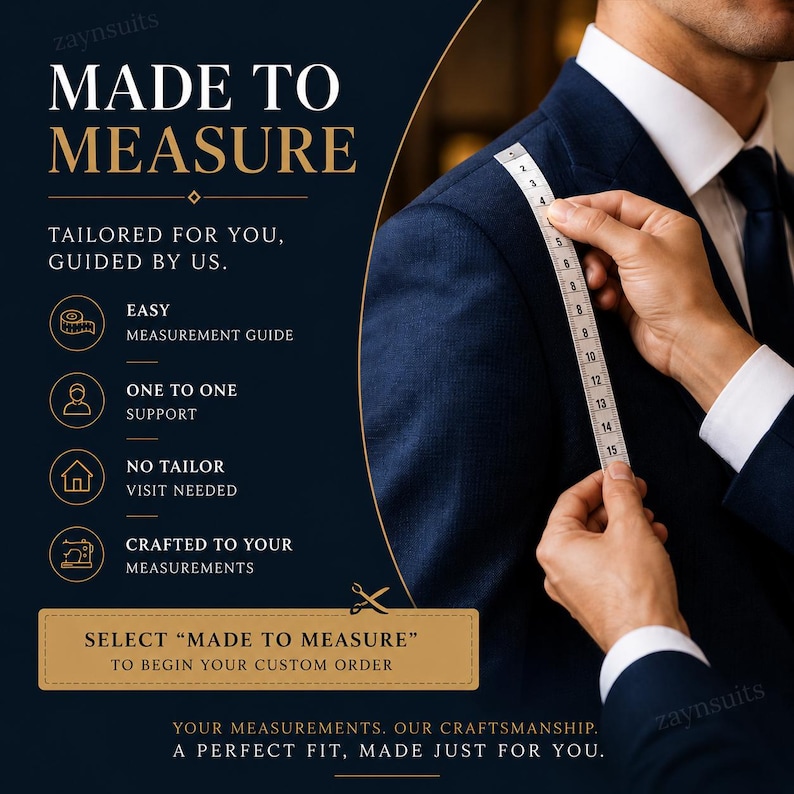 Puede incluir: Una chaqueta de traje azul oscuro con camisa blanca y corbata oscura. Una cinta m&eacute;trica blanca se sostiene contra el hombro mostrando marcas en cent&iacute;metros. El texto a la izquierda dice MADE TO MEASURE, TAILORED FOR YOU, GUIDED BY US y SELECT MADE TO MEASURE.