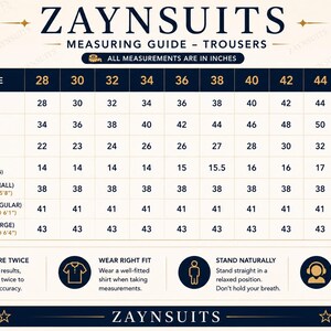Puede incluir: Una tabla de gu&iacute;a de medidas para pantalones ZAYNSUITS con un esquema de colores azul oscuro y crema. La tabla enumera tallas de pantal&oacute;n del 28 al 48, detallando medidas en pulgadas para cintura, cadera, muslo, bajo y largo de pierna.