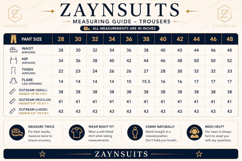 Puede incluir: Una tabla de gu&iacute;a de medidas para pantalones ZAYNSUITS con un esquema de colores azul oscuro y crema. La tabla enumera tallas de pantal&oacute;n del 28 al 48, detallando medidas en pulgadas para cintura, cadera, muslo, bajo y largo de pierna.