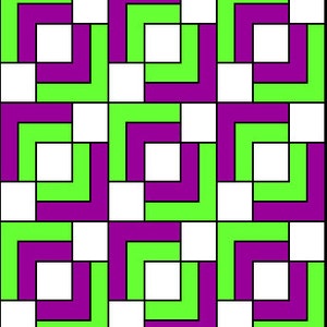 Peut inclure: Un motif répétitif de carrés en vert lime et violet. Les carrés sont disposés en grille, chaque carré se chevauchant avec les carrés adjacents. Le motif est symétrique et crée un design visuellement intéressant.