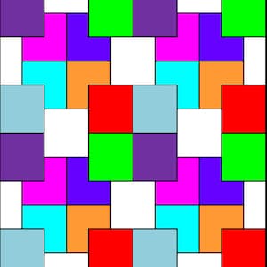 May include: A colourful abstract design with squares in shades of purple, red, green, orange, blue, pink, and grey.