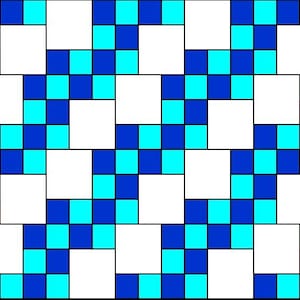 May include: A pattern of blue and turquoise squares on a white background. The squares are arranged in a repeating pattern, creating a geometric design.