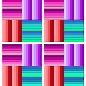 May include: A colorful quilt block with a repeating pattern of horizontal stripes in shades of pink, red, blue, and purple. The block is divided into four squares, each with a different color scheme.