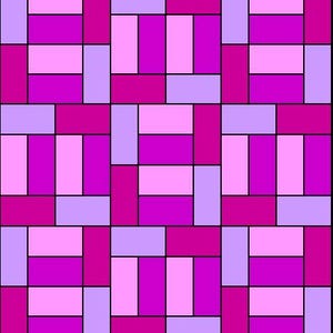 Puede incluir: Un patrón de bloque de colcha con filas alternas de cuadrados rosas y morados. Los cuadrados están dispuestos en una cuadrícula, creando un diseño geométrico.