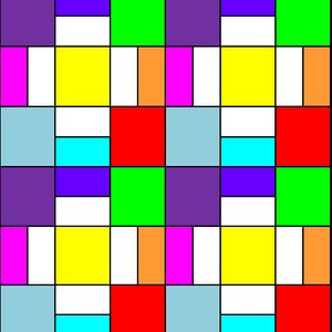 May include: A colourful abstract geometric pattern with squares in shades of purple, green, yellow, orange, red, white, light blue, and cyan.