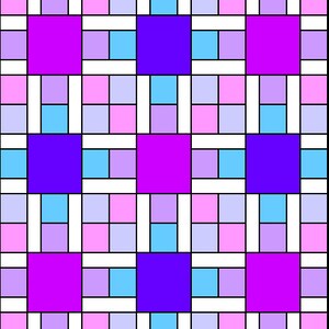 Pode incluir: Um padrão de grade colorido com quadrados alternados de rosa, azul claro e roxo. Os quadrados são dispostos em um padrão de tabuleiro de xadrez, com os quadrados maiores no centro da grade.